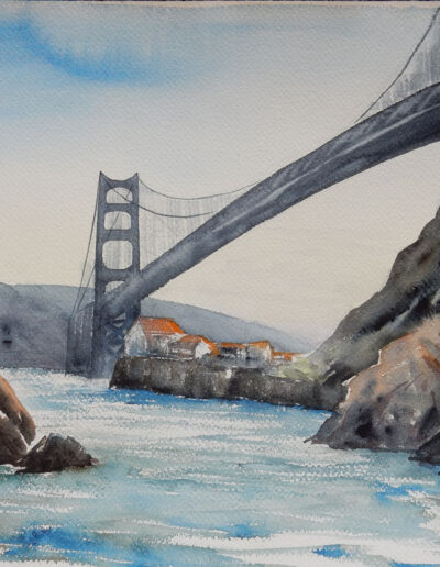 Watercolor of old San Francisco Golden Gate Bridge