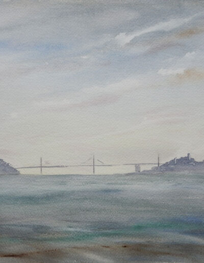 Vintage Watercolor of San Francisco Bay Bridge and Skyline