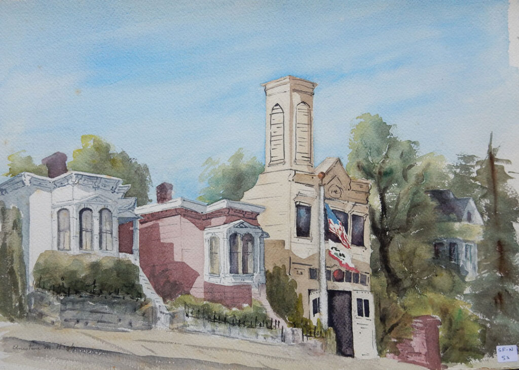 Watercolor of old San Francisco Washington Street Firehouse