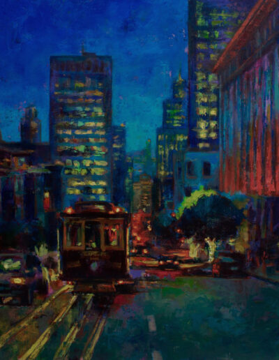 San Francisco cable car at night painting