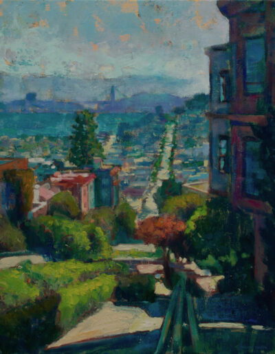 Painting of crookedest street in the world Lombard Street San Francisco