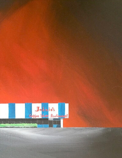1950s 'Googie architecture' at its finest. Johnie's Coffee Shop at the corner of Wilshire Boulevard and Fairfax Avenue in Los Angeles painting