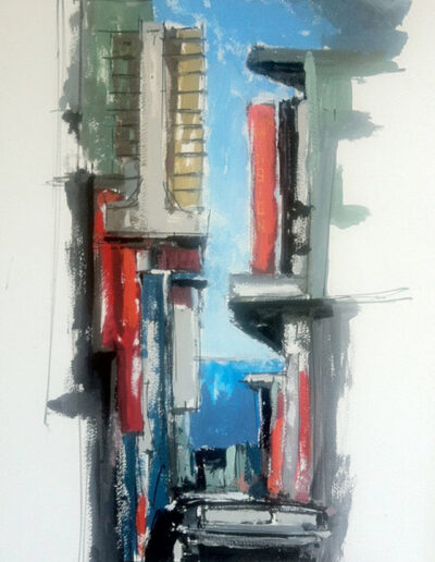 A collage of Mission District architecture, with the Russian Hill 'Eichler Summit' painting